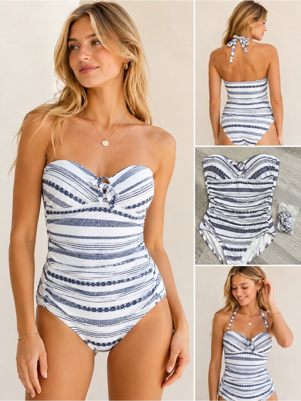 Tommy Bahama Striped Bandeau One-Piece Swimsuit in Navy and White